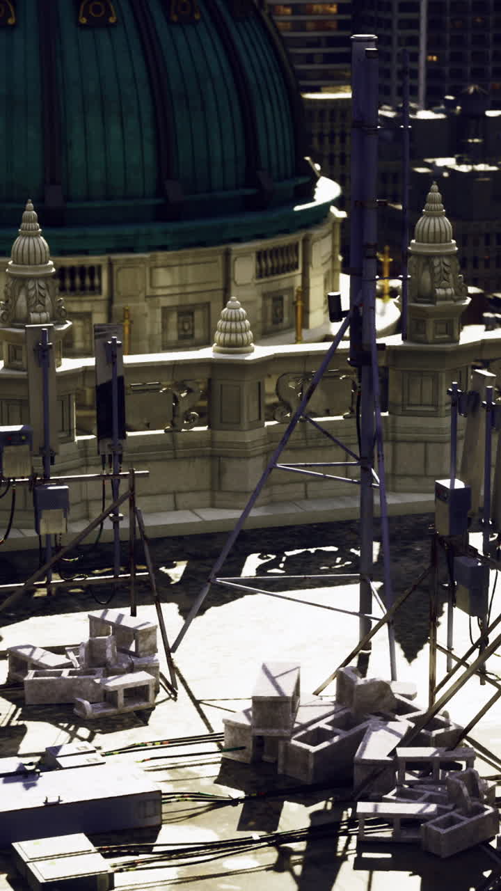 Rooftop view showcasing telecommunications equipment in an urban environment