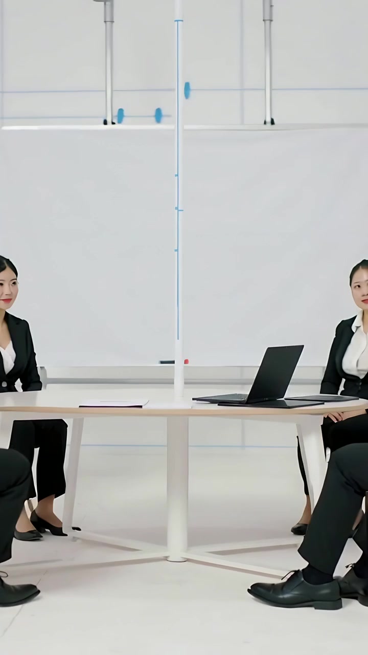 Vertical video: Gesturing speaker initiating interview, team in suits leaning in studio with laptop