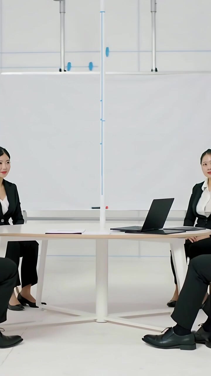 Vertical video: Gesturing speaker initiating interview, team in suits leaning in studio with laptop