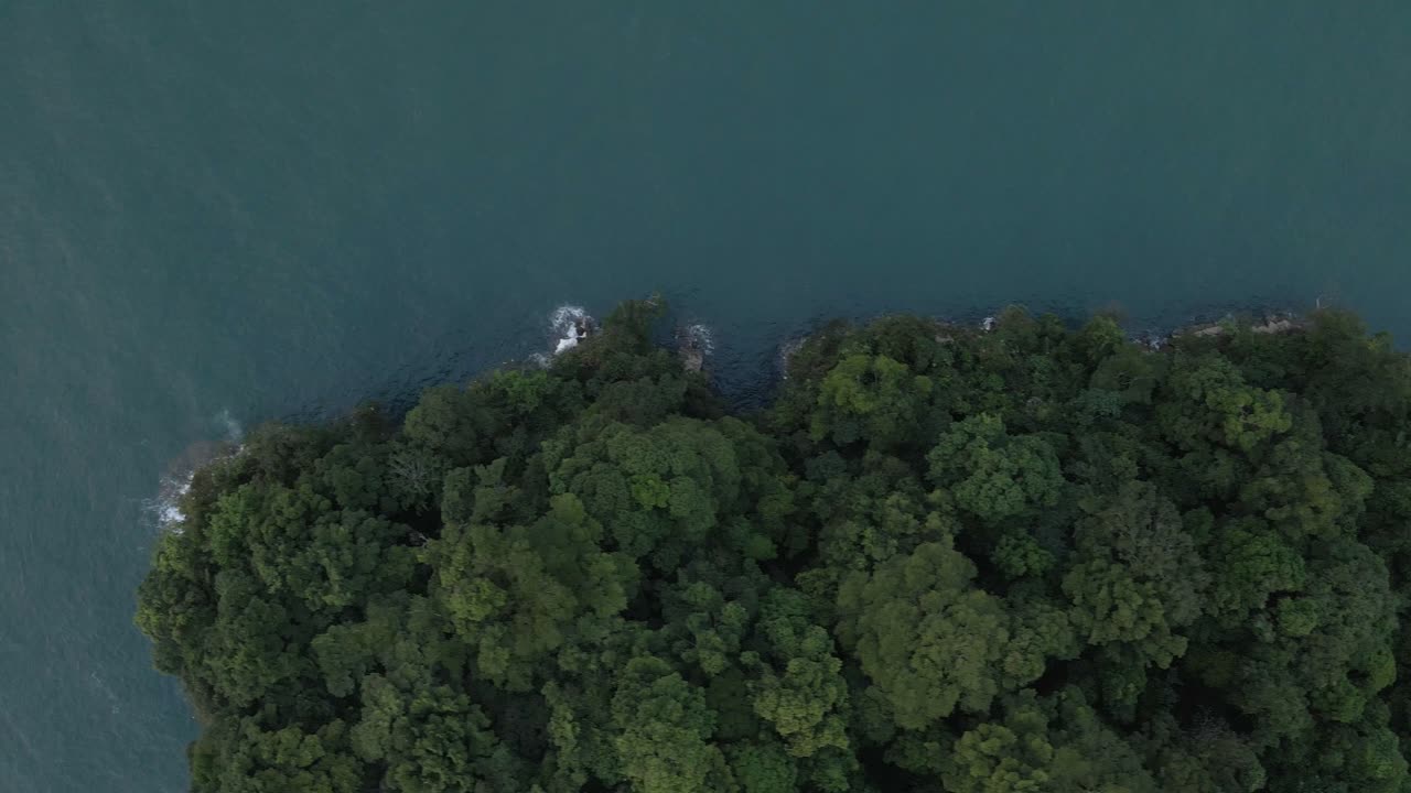 마누엘 안토니오의 울창하고 울퉁불퉁한 해안선을 따라 옆으로 항공 고각도 트럭