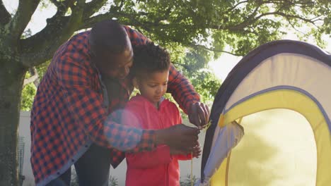 feliz padre afroamericano y su hijo montando una tienda en el jardín