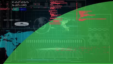 Animación-De-Esfera-Verde-Sobre-Interfaz-Con-Escáner,-Mapa-Mundial-Y-Datos-De-Procesamiento-De-Color-Rosa