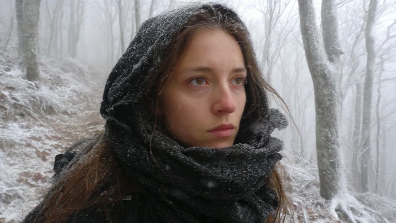 A Young Woman Stands in a Snowy Forest, Embracing the Winter Chill and Contemplating Life Amidst a Mystical Landscape of Fog and Fresh Snow