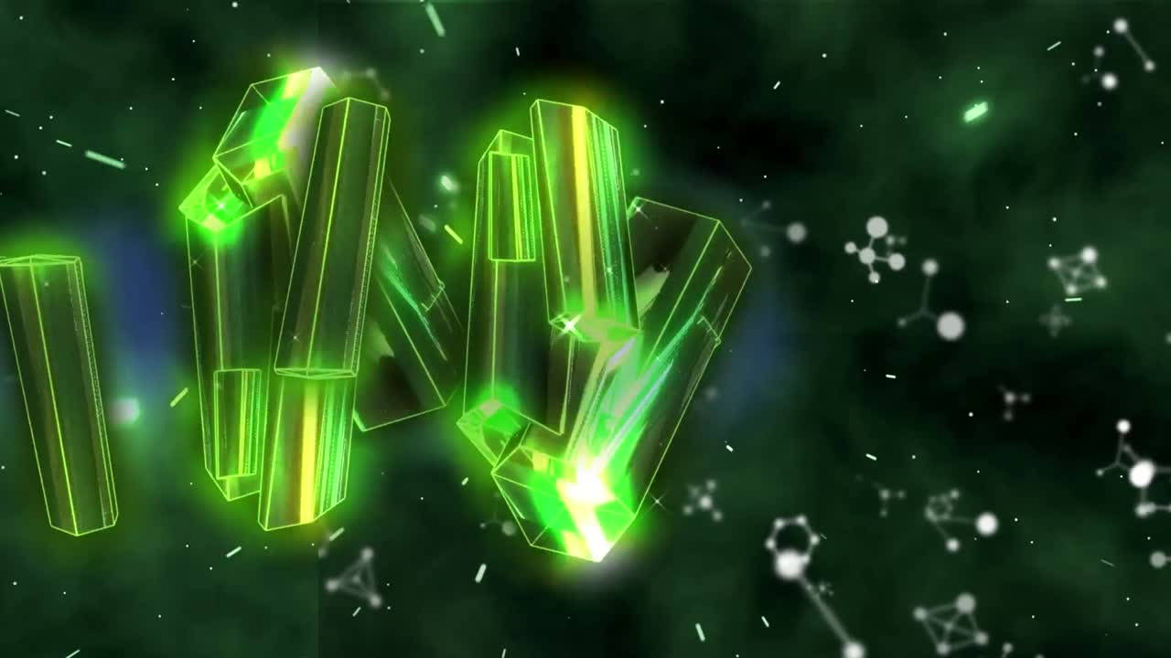 초록색 다이아몬드가 검은색 배경의 분자 위에 움직이는 애니메이션