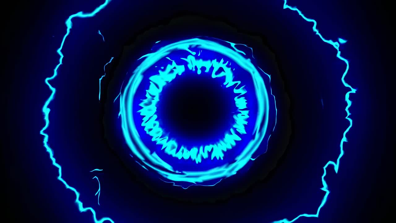 A top-down video view of a glowing blue energy vortex, featuring dynamic, swirling electric patterns