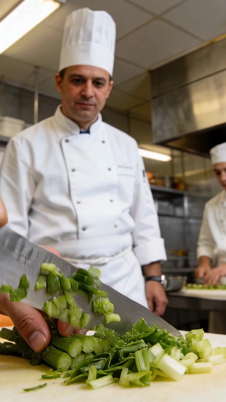 Vídeo vertical: Cozinheiro picando com cutelo na preparação, chef iniciando o serviço de toque branco observando