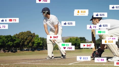 jugadores de cricket en el campo con animación de interacción de redes sociales superpuesta