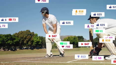 cricket players on field with social media interaction animation overlaid