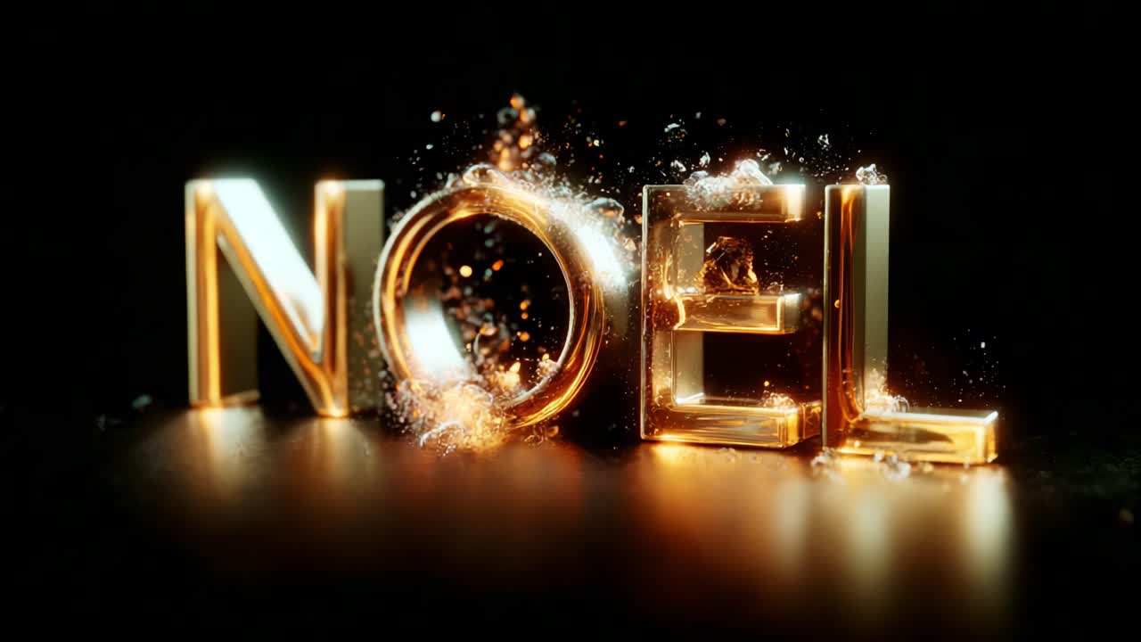 A Radiant Display of the Word 'NOEL' in Gleaming Gold, Capturing the Essence of Celebration and Joy, Illuminating the Scene with Its Shimmering Letters against a Dark Background