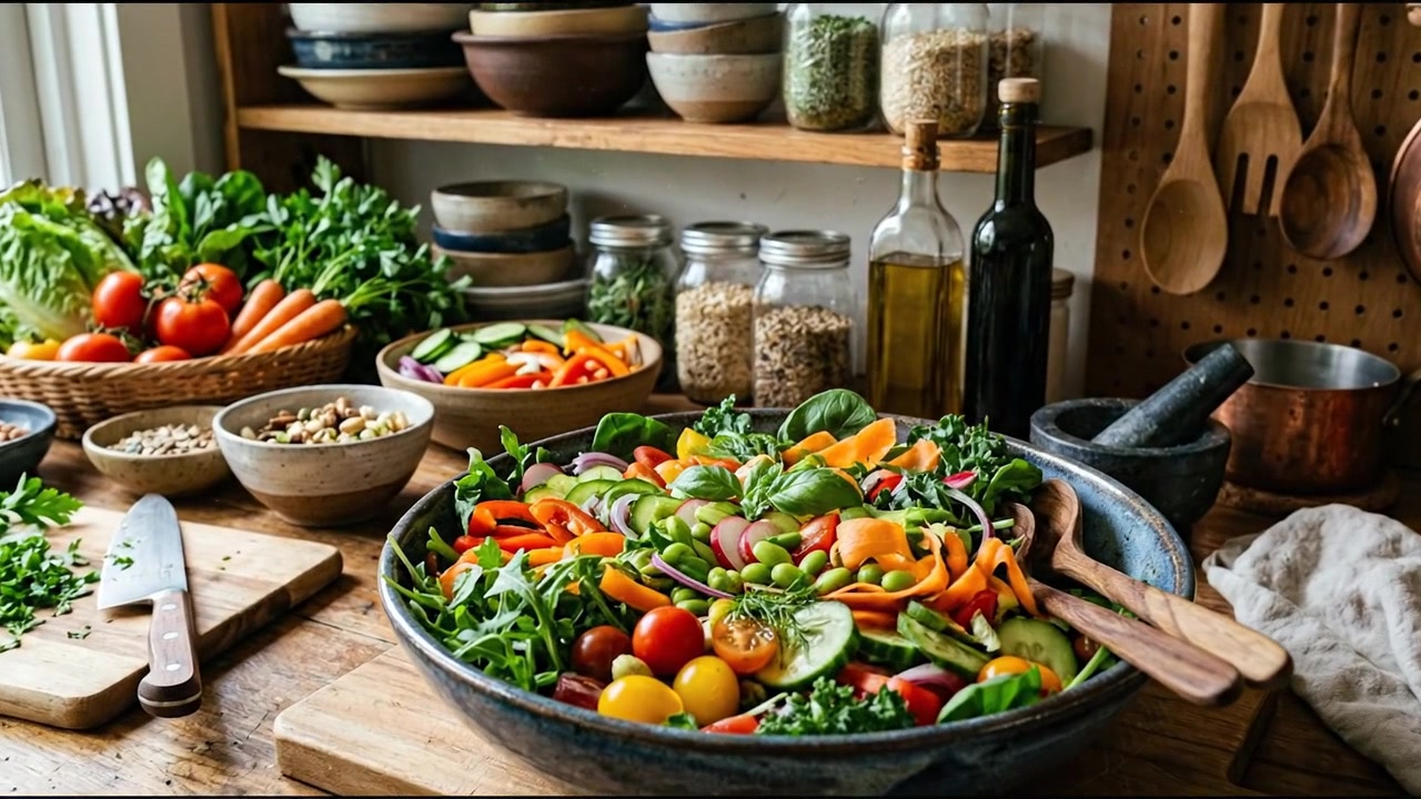 Ensaladera fresca en mesa de comedor con ingredientes saludables