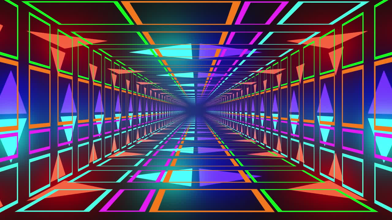 animación de formas de neón coloridas y túnel digital sobre fondo negro.