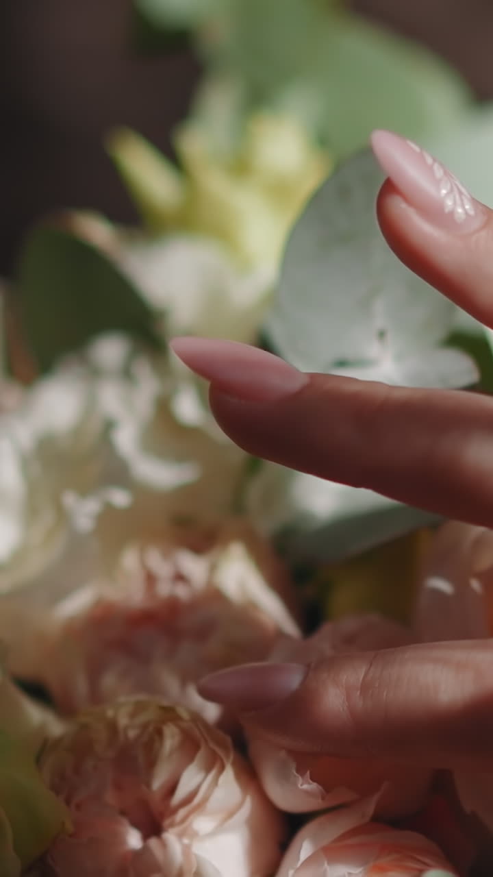 Woman hand strokes fresh bouquet with rose flowers in room closeup slow motion. Bridal ceremony ornate preparation. Floral decor for wedding