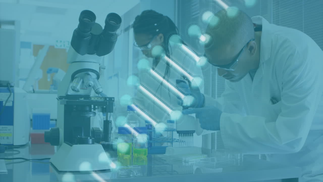 animación de una cadena de adn sobre científicos biraciales haciendo un experimento