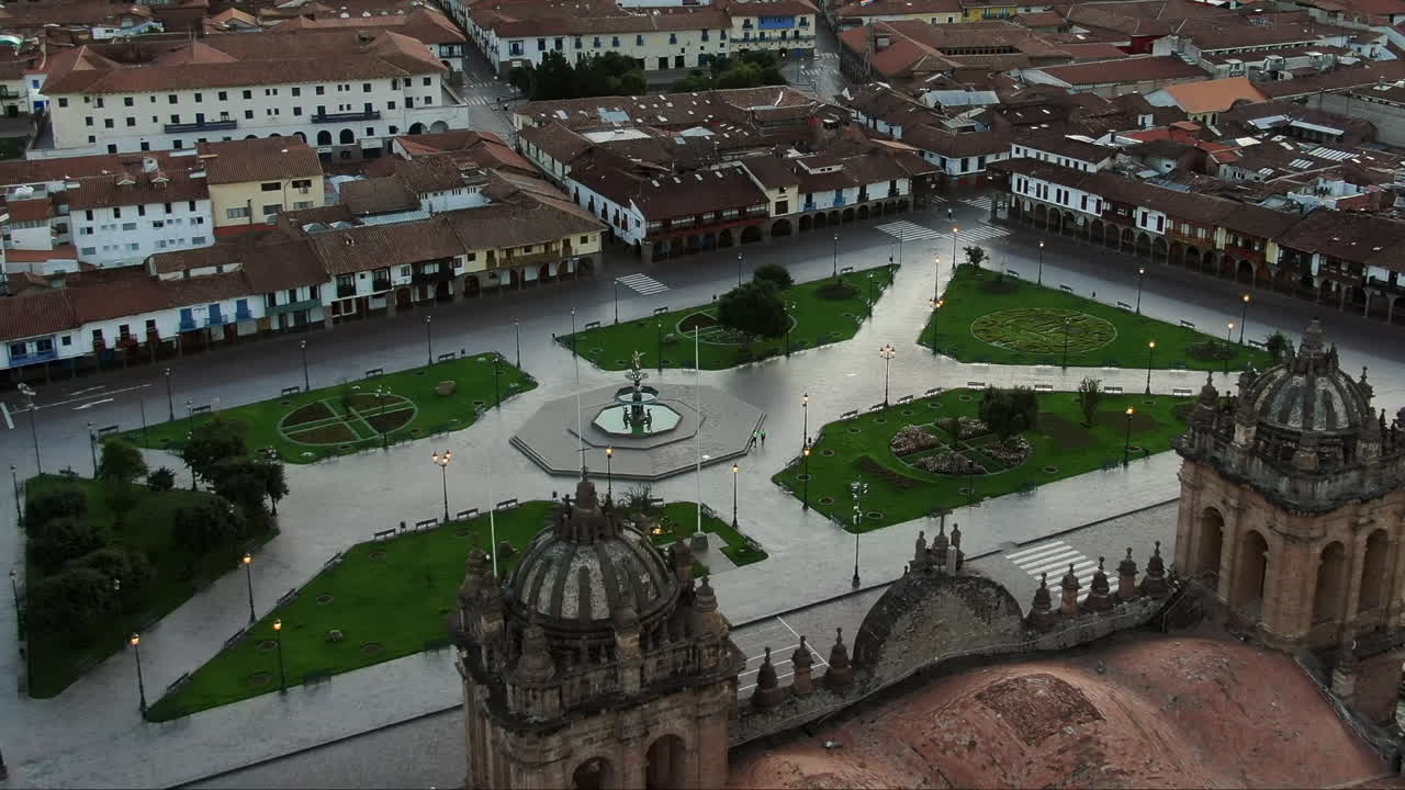 Plaza de Armas Seen From Cusco Cathedral In Peru - aerial shot