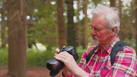 Un-Hombre-Mayor-Jubilado-Haciendo-Senderismo-En-El-Campo-Boscoso-Tomando-Fotos-Con-Una-Cámara-DSLR