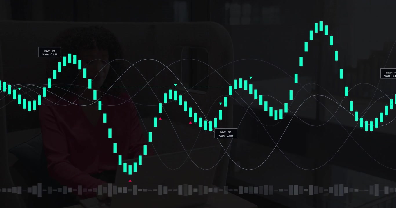 Woman typing on laptop in lounge sparking finance bars-sine overlay hiding torso, tracking trends