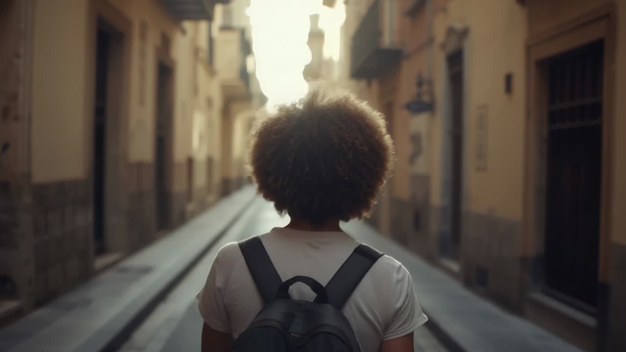 Sunlight ahead drawing walking person in light tee going down narrow street, carrying dark backpack