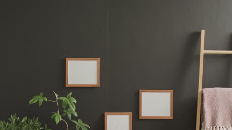 marco de madera con espacio de copia en fondo blanco con plantas contra la pared gris.