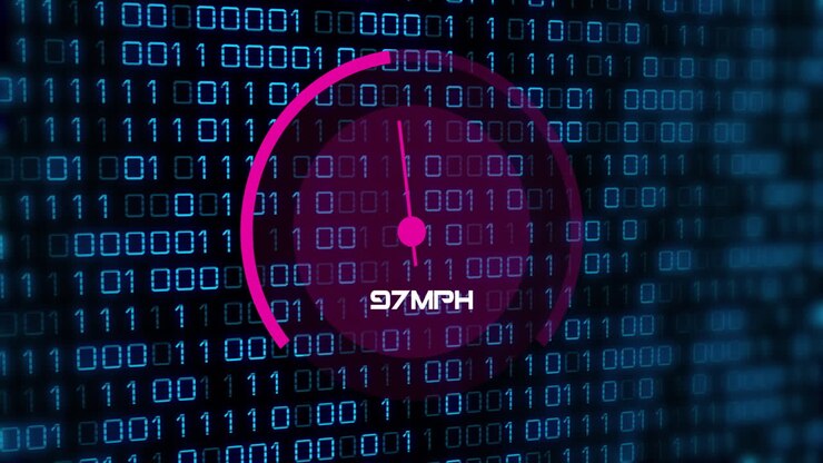 Showing 97 MPH, speedometer over binary code animation