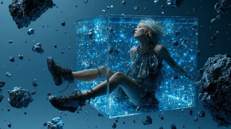 A mesmerizing visual of a figure encapsulated in a crystal-clear cube, surrounded by shimmering blue cosmic elements, evoking feelings of isolation and beauty amidst chaos