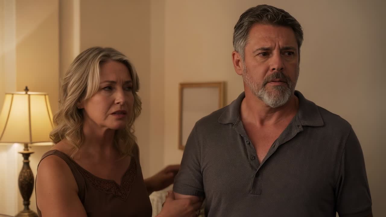 Reacting to off-screen sound, couple holding arm for comfort in living room, lamp, casual clothes