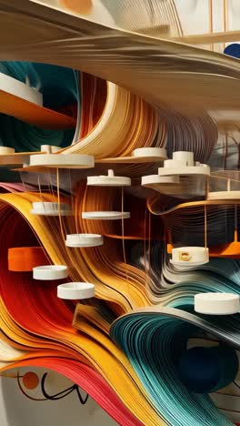 colorful abstract art installation featuring flowing lines and circles