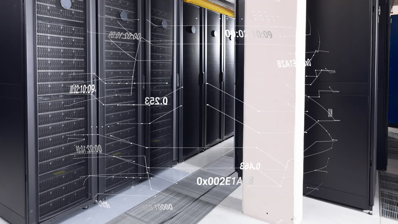 Animation of network of connections and data processing against computer server room