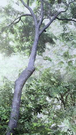 lush green forest landscape under soft sunlight filtering through trees
