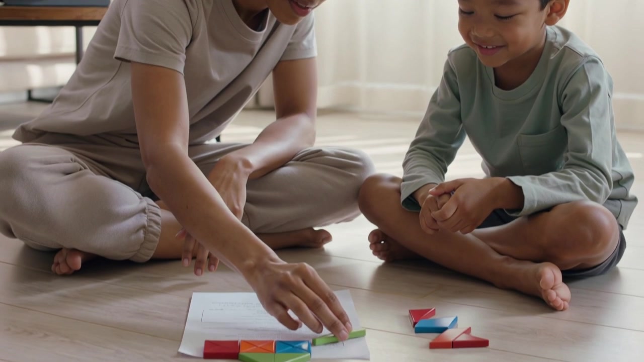 Picking up green piece, casual mom guiding son in green top assembling puzzle on living room