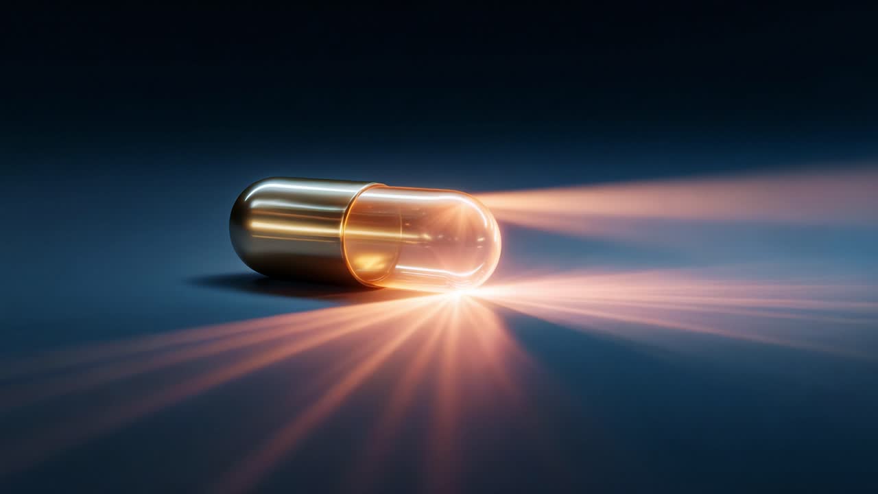 A Capsule of Light: A Glowing Golden Pill Radiating Vibrant Beams, Symbolizing Innovation, Creativity, and the Intersection of Science and Art in Modern Design