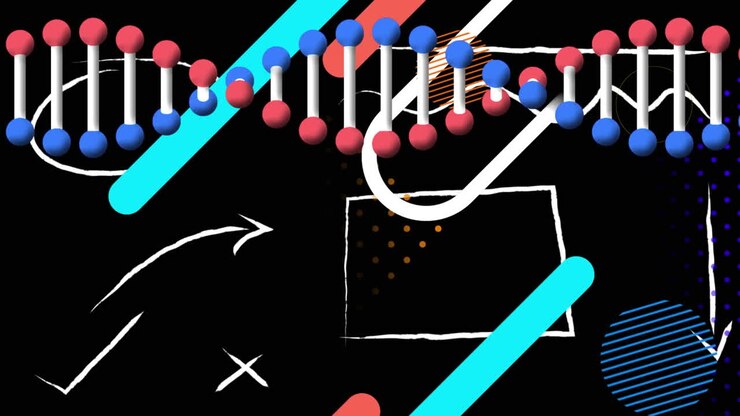 Animação digital de estrutura de DNA girando contra formas abstratas coloridas em um fundo preto.
