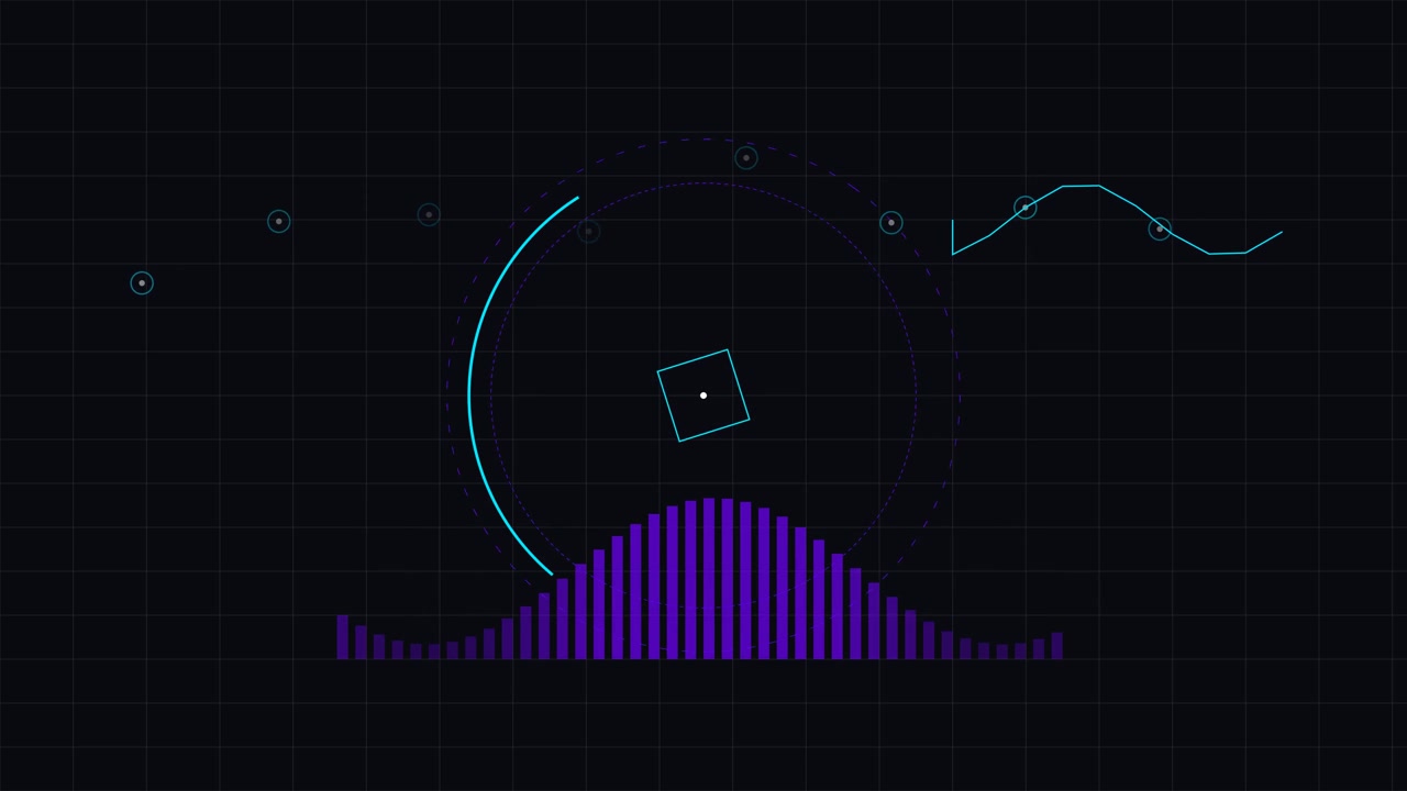 Abstract Digital Audio Visualizer with Pulsing Bars and Circular HUD Elements