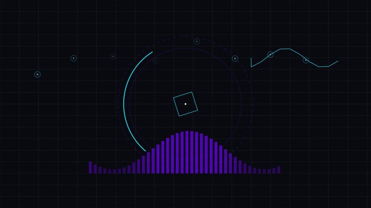 Abstract Digital Audio Visualizer with Pulsing Bars and Circular HUD Elements