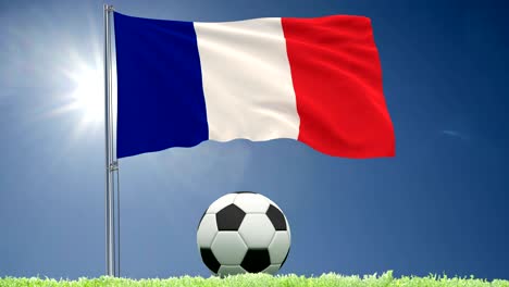 flag of france fluttering and a football rolls on the lawn, 3d rendering, 4k footage