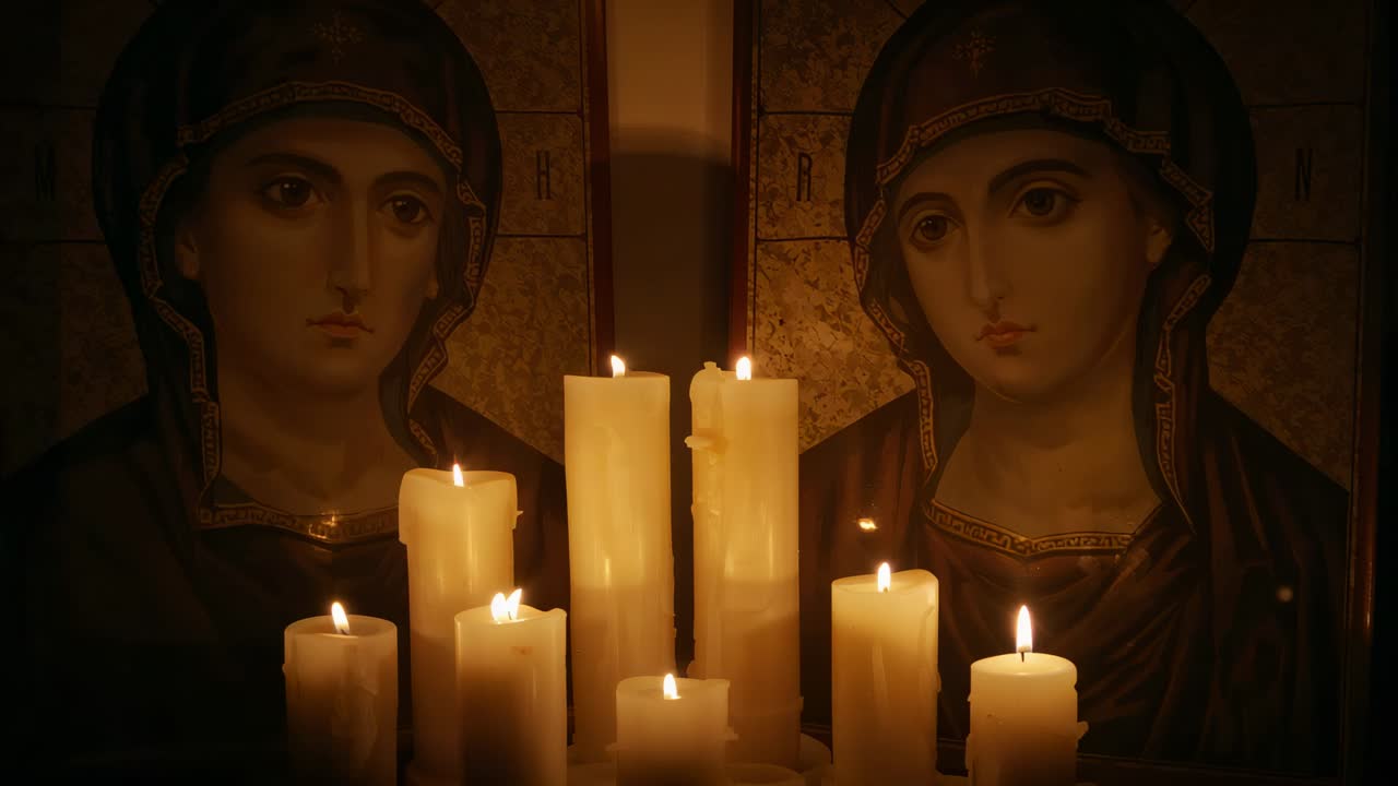 Candele a colonna color crema che ardono, proiettando una calda luce da altare su santi velati in vesti d'oro, cera che si raccoglie