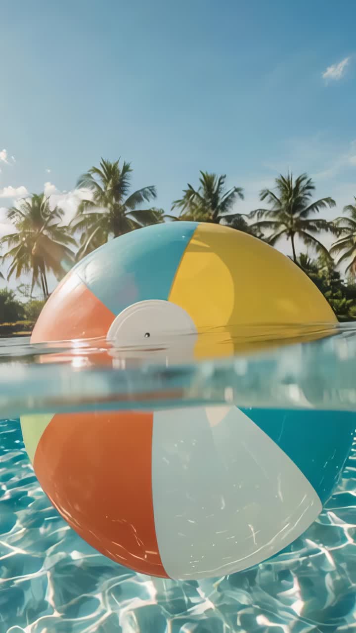 Vertical video: Small waves causing beach ball rotating in tiled pool revealing panels under palms