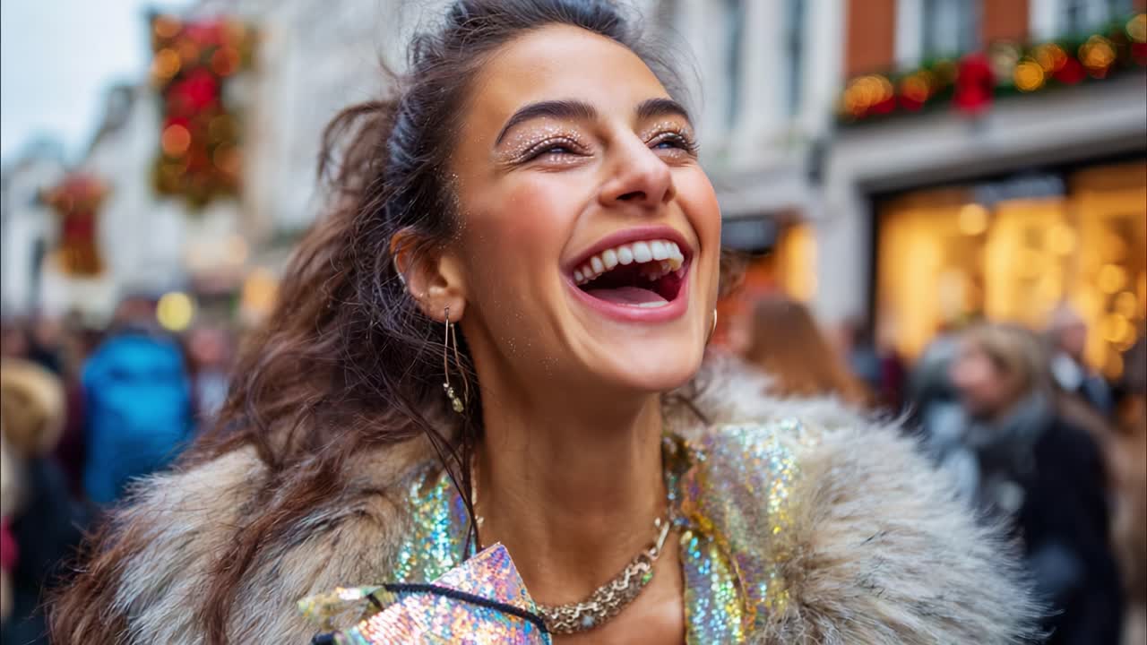 Joyful Celebration in the City: A Stylish Young Woman Radiates Happiness While Enjoying a Festive Atmosphere Surrounded by Holiday Decorations and a Vibrant Crowd
