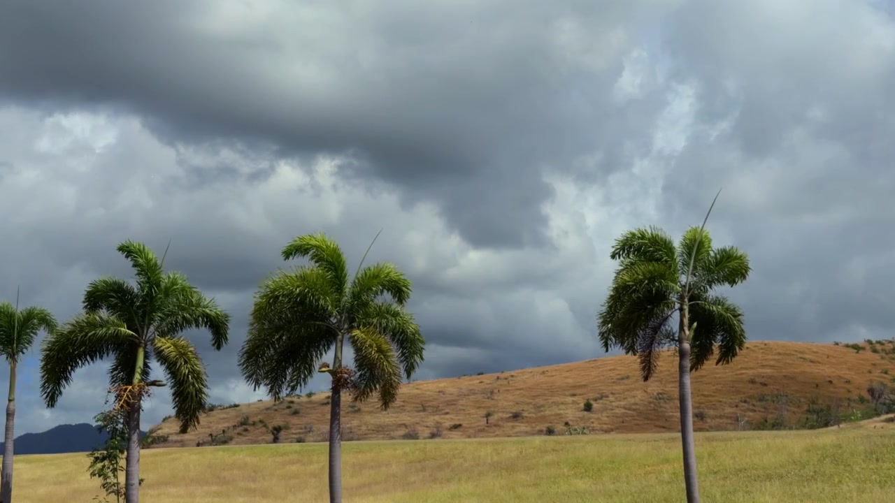 Vista aérea con dron de colinas onduladas de hierba verde y dorada bajo un cielo dramático, nublado y cubierto en la zona rural de Puerto Rico.