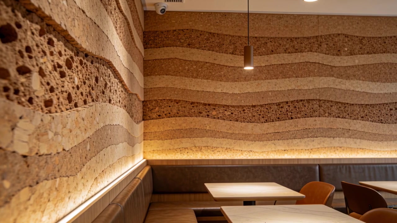 Panning camera revealing textured wall and banquette seating at cafe corner, showing LED strip
