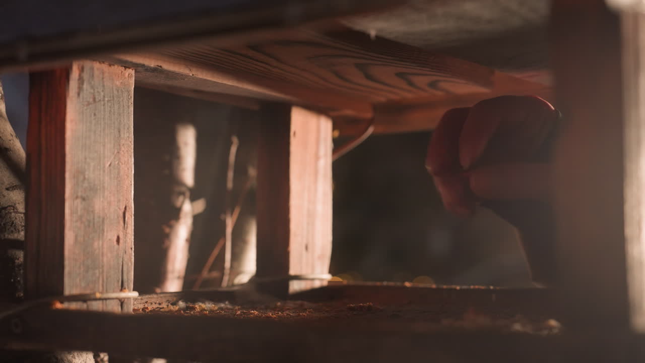primer plano de la mano de la caída de alimento para la paloma en la casa de los pájaros en el parque nevado al anochecer, el cuidado de la vida silvestre al aire libre, el entorno pacífico de invierno con luces bokeh en el fondo