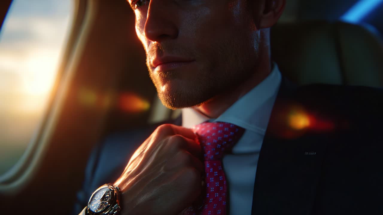 In a moment of contemplation, a stylish individual adjusts his tie while looking out of a luxury car window, capturing the essence of opulence and sophistication during golden hour sunlight
