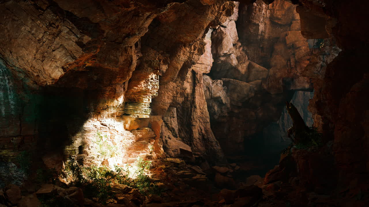 un haz de luz brilla a través de la entrada de una cueva, revelando un interior oscuro y misterioso de la cueva