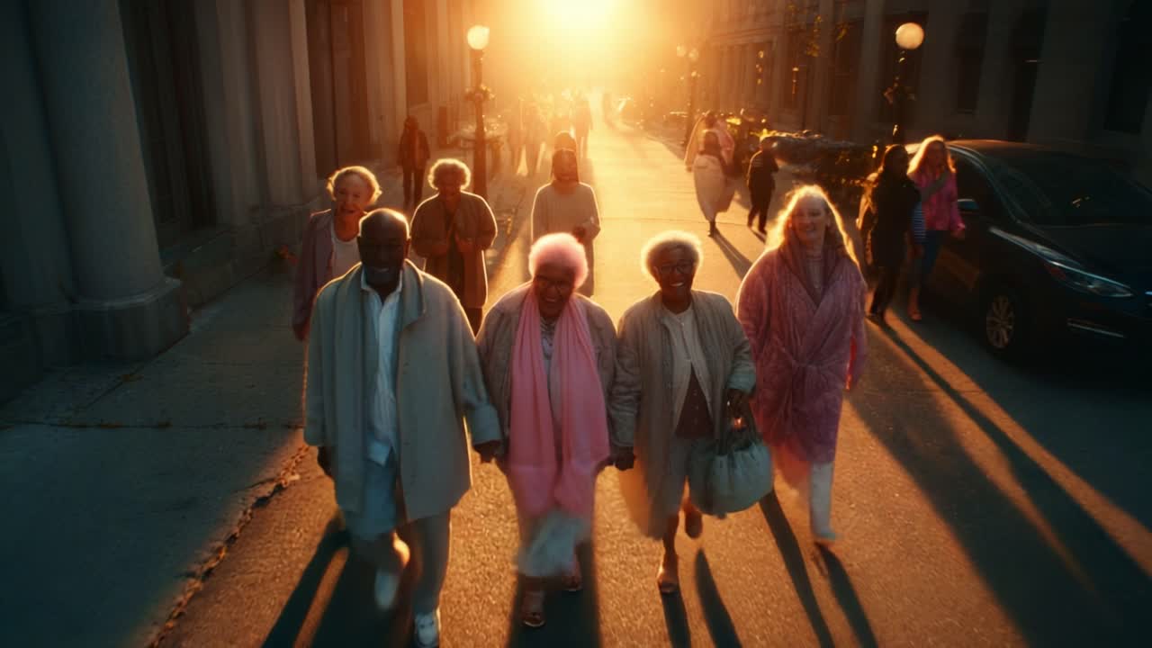 A Warm Evening Stroll: A Diverse Group of Elders Enjoying Their Time Together, Illuminated by the Golden Glow of Sunset in a Vibrant City Street