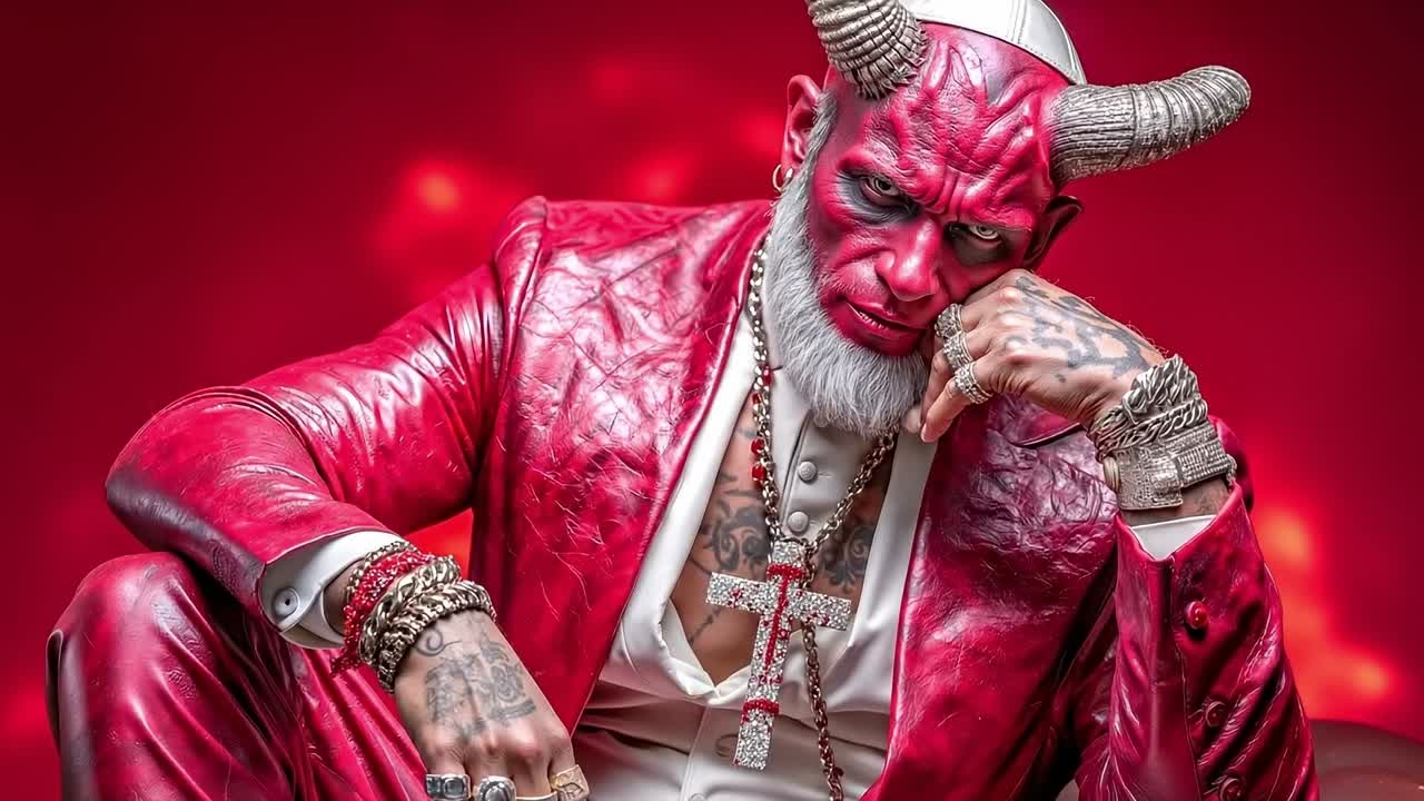 A man dressed as a devil sitting on a chair