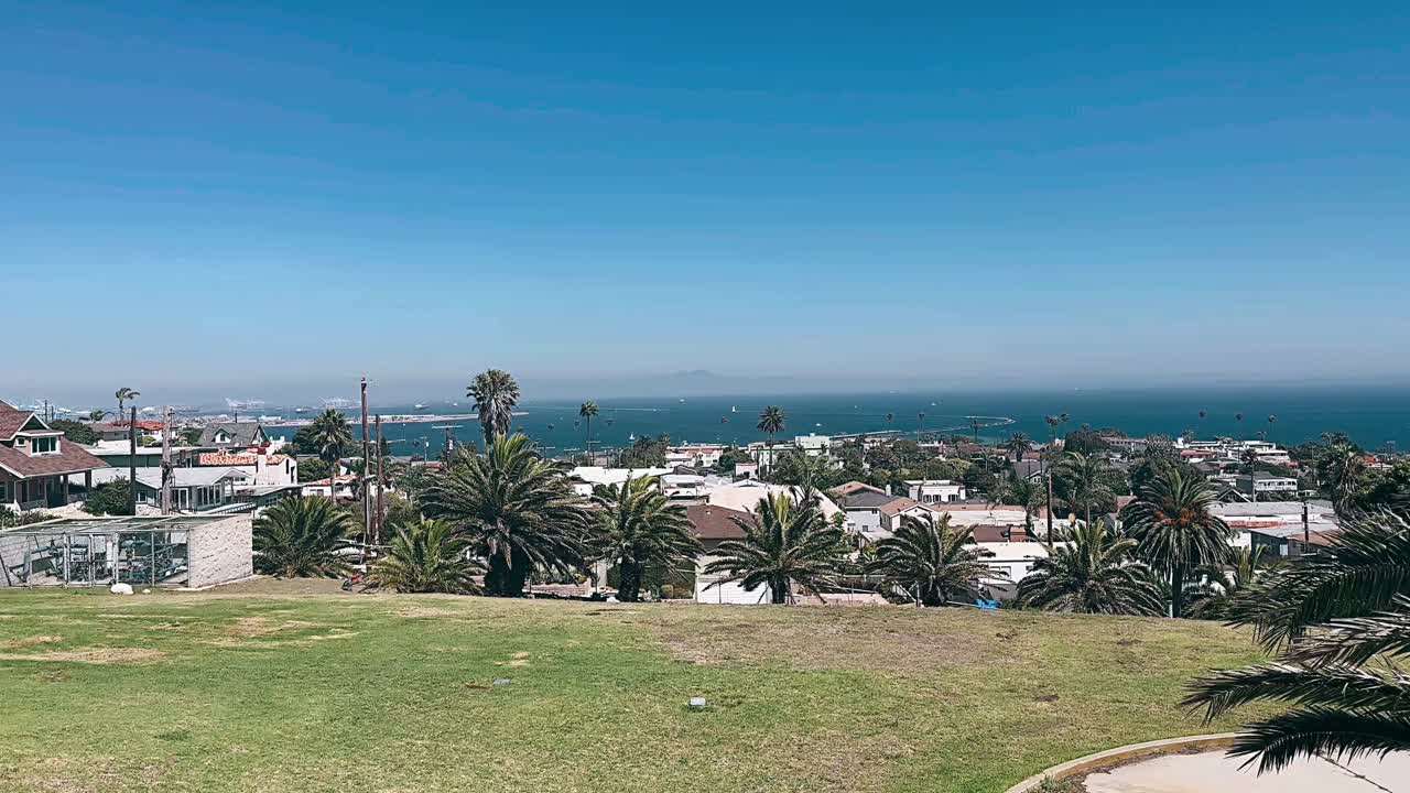 나무 와 바다 가 있는 해안 도시 풍경