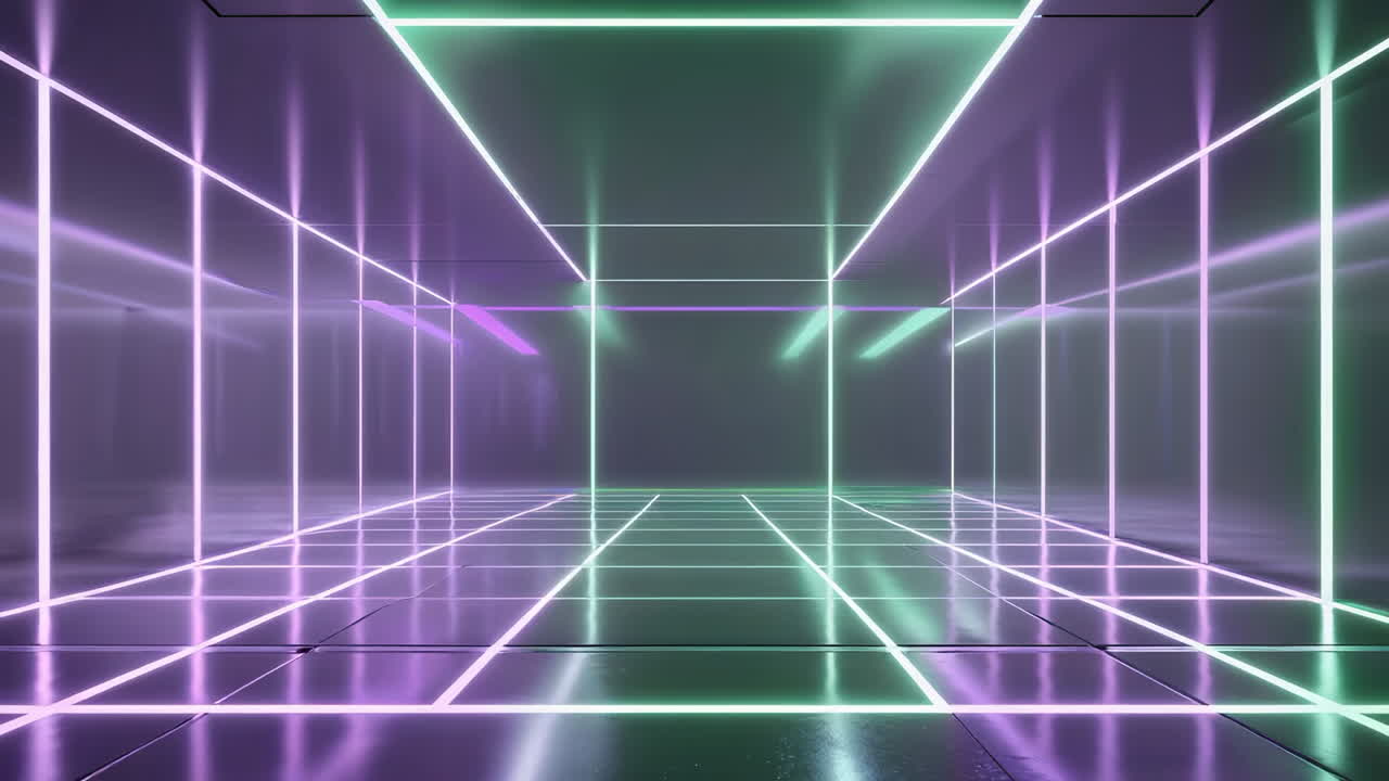 Futuristic Neon Grid Tunnel with Purple and Green Lights