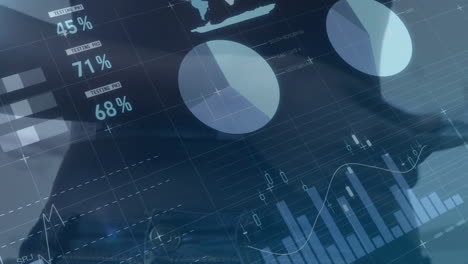 financial data charts and world map animation over business graphs and statistics