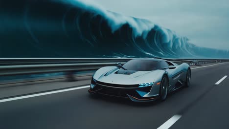 futuristic sports car on a highway with a giant wave