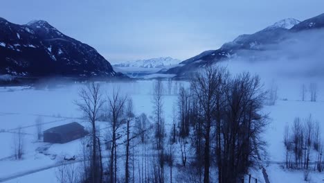 Cold-Winter-Town-Aerial-Boom-Up-past-Trees