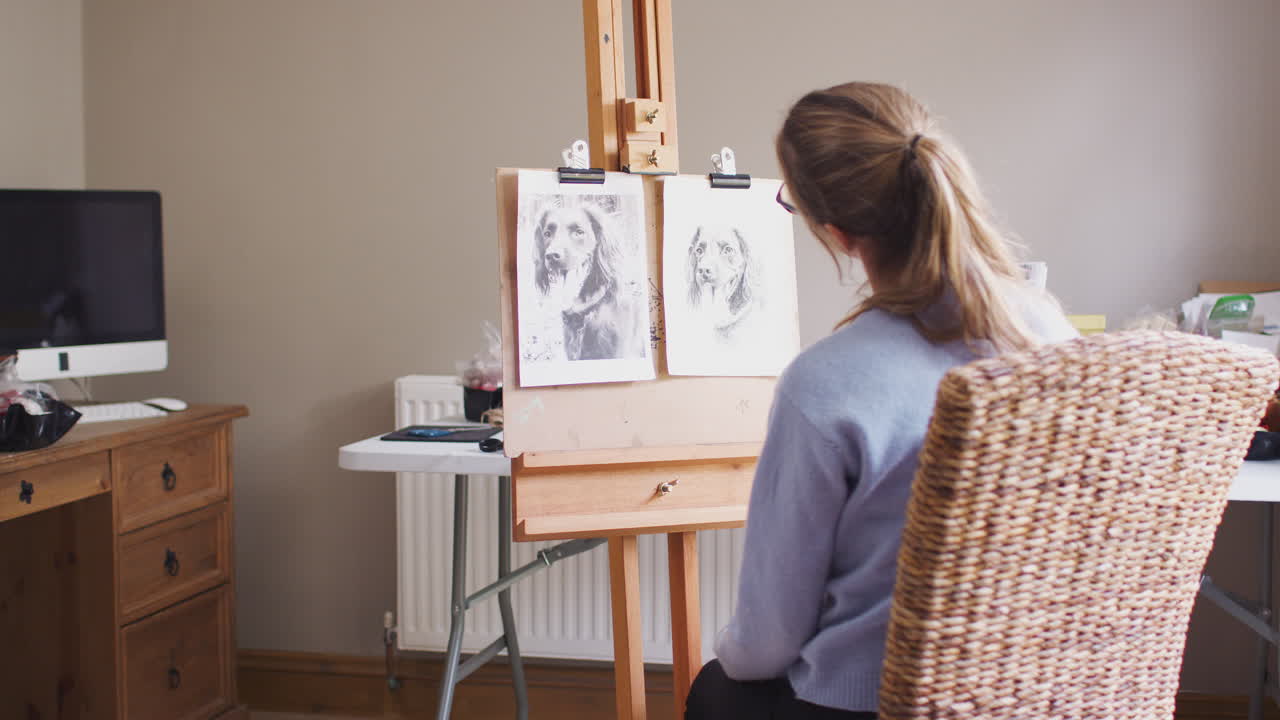 Vista posteriore di un'artista adolescente che disegna un cane a carboncino da una fotografia su un cavalletto